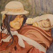 Mutter mit Kind (Mexiko) Aquarell 29x39